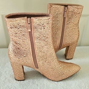 NIB TOP MODA SHOES Brazil Pointy Toe Boot Side Zip Rose Gold Glitter 3.5" Heel 7